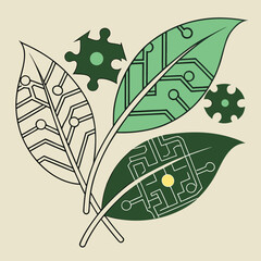 Three leaves displaying circuit patterns with puzzle piece and gear on a beige background design