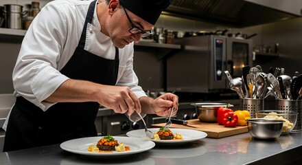 Chef meticulously plating gourmet dish in a professional kitchen setting