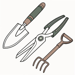 Gardening tools trowel shears hand rake vector