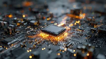 Artificial intelligence chip with glowing data streams. Concept of modern technology.