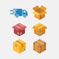 Obraz premium Isometric Illustration of Delivery Truck and Various Cardboard Boxes Including Open Box Red Box Yellow Box and Wooden Crate Showing This Upward Facing Arrows Indicating Proper Handling for
