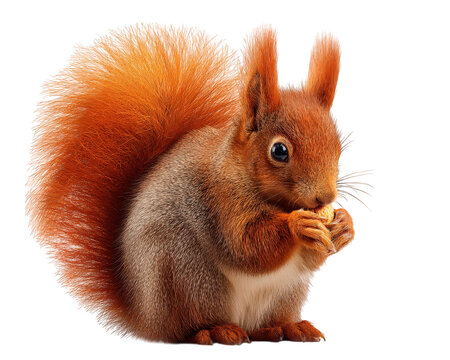 Red squirrel isolated on transparency background fluffy tail small animal holding nut cute wildlife detailed fur texture alert expression forest mammal autumn nature
