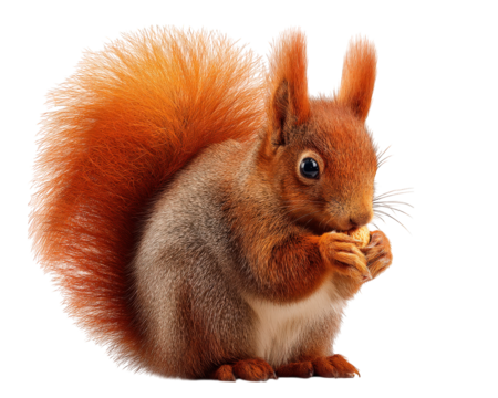 Red squirrel isolated on transparency background fluffy tail small animal holding nut cute wildlife detailed fur texture alert expression forest mammal autumn nature