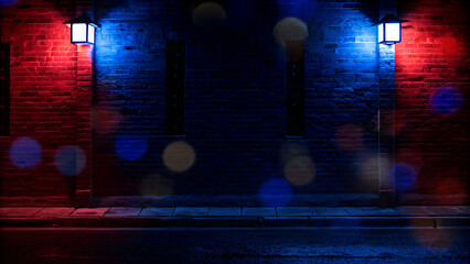 Atmospheric Night Alley with Red and Blue Lantern Lights Against Textured Brick Wall