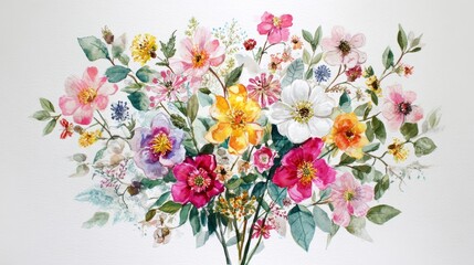 Soft pastel spring wildflower bouquet with delicate watercolor and ink outlines and colored pencil texture