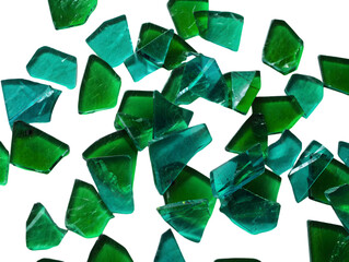 Scattered Teal and Green Glass Fragments Irregular Shapes Translucent Texture isolated on a transparent background