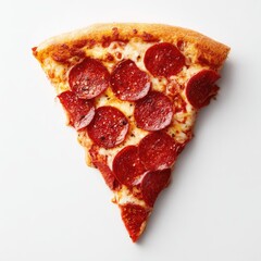 A single slice of pepperoni pizza, showcasing melted cheese, slightly charred pepperoni, and a thin crust, sits on a plain white background