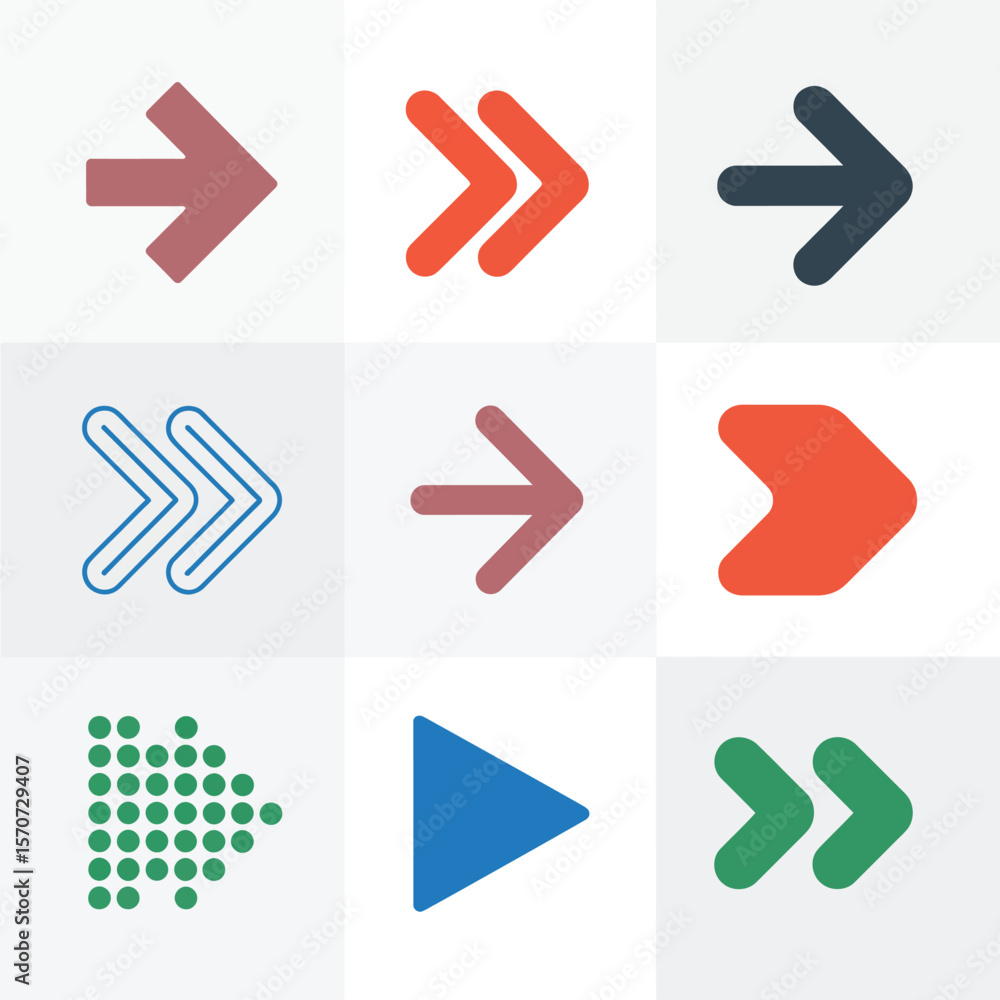 Poster nine colorful arrow icons in a three by three grid design featuring various arrow styles including s