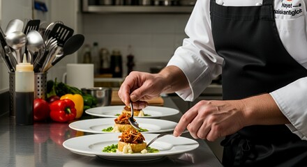 Chef plating gourmet dish with artistic precision in a professional kitchen setting