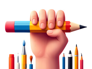 A hand firmly gripping a large colorful pencil with a pink eraser blue yellow and red sections surrounded by smaller art supplies including paintbrushes pencils and markers
