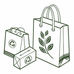 Green shopping bags and box with leaf design recycle symbol