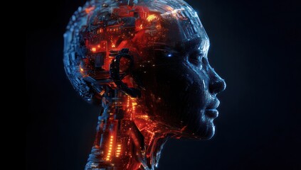 High-tech visualization of a digital mind with layered AI elements and glowing holographic projections.