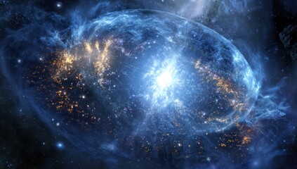3D simulation of the Big Bang theory created with advanced tech, showcasing cosmic energy and forces.