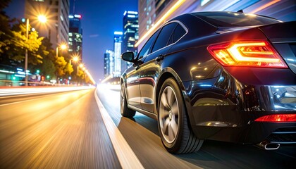 Sleek Black Sedan Driving Through Vibrant City at Night.