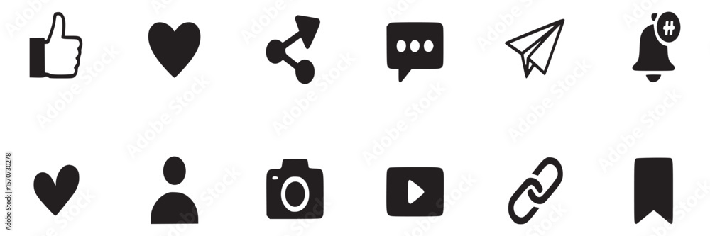 Poster social media icons set vector like share comment notification link bookmark camera paper plane play 