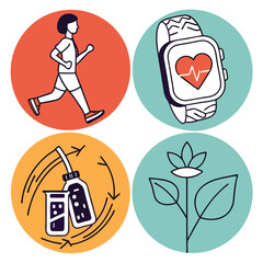 Illustration of running figure, smartwatch with heart, recycling, and flower in circles design