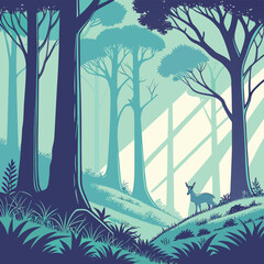 A tranquil forest scene featuring tall trees, lush greenery, and a lone deer bathed in soft sunlight