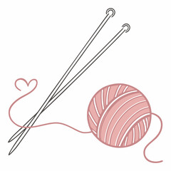 Knitting needles and pink yarn ball with heart vector