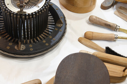 Traditional millinery workshop tools set. Hatmaking milliner accesories. Hats