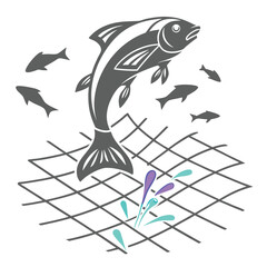A leaping fish above a net surrounded by smaller fish with colorful water splashes illustration