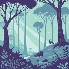 Illustration of a forest with tall trees, a rabbit, and light rays shining through the canopy above it all