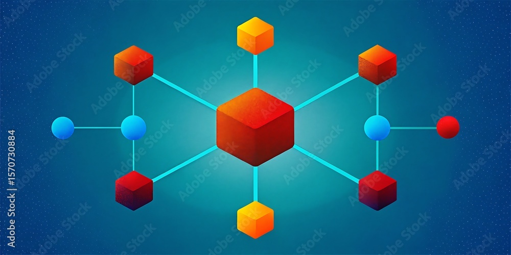 Poster isometric network of colorful cubes and spheres connected by lines in a digital space.
