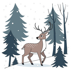 Majestic deer walks through snowy forest winter trees