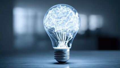 Creative brainstorming ideas visualized through a glowing light bulb powered by advanced technology.