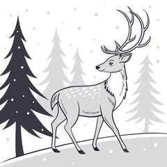 Majestic stag walking through snowy forest with fir trees deer antlers