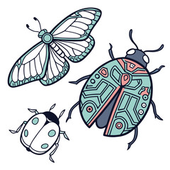 Illustration of a butterfly and two beetles with intricate designs on a white background art piece
