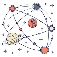 Illustration of planets connected by lines with stars scattered around on a white background design