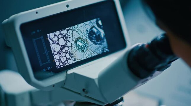 A close-up view of a microscope with a digital display showing cellular structures. A young male scientist is observing the sample.