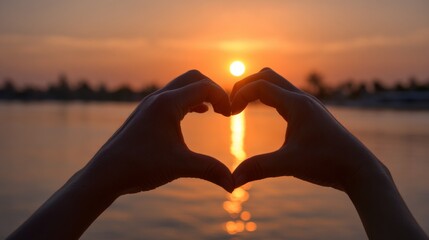 Handmade heart silhouette placed over glowing orange sunset above tranquil water surface