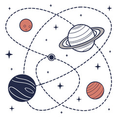 Illustration of planets in space with dashed orbits and scattered stars on a white background design