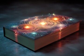 Glowing virtual energy waves formed with plexus patterns on a book cover, symbolizing energy and flow.