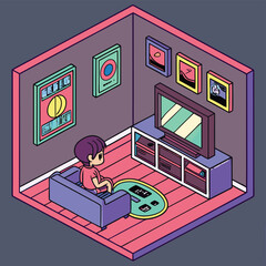 Isometric view of a person sitting on a couch watching television in a decorated living room space