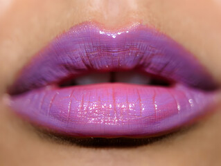 Closeup of a woman's lips wearing glossy lavender purple lipstick with a hint of pink in the center isolated on a transparent background