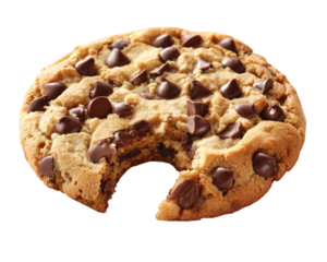 Chocolate chip cookie with bite mark golden brown round soft texture delicious dessert isolated on transparency background sweet snack inviting close up