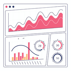 Illustration of a dashboard with line graphs bar charts and circular progress indicators displayed