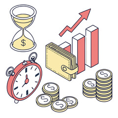 Isometric illustration of financial growth with wallet, coins, clock, hourglass and bar chart