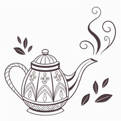 Ornate teapot with steam and leaves decorative