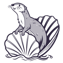 Otter in a seashell floating on waves marine life water