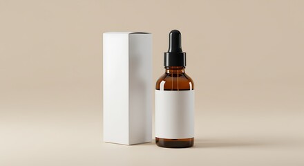 Amber Glass Dropper Bottle with White Label and Box Mockup