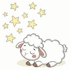 Peaceful white sheep dreaming under yellow stars night