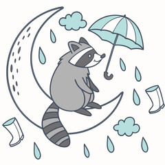 An adorable Racoon with a Happy vibe, sitting on a moon, and a Raindrop Calm Rainy day theme – SVG style