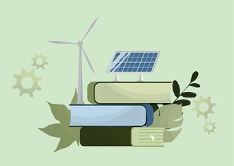 Renewable Energy Education Book. Flat design illustration showing stacked books with wind turbine, solar panel and leaves representing green energy education resources. Vector illustration
