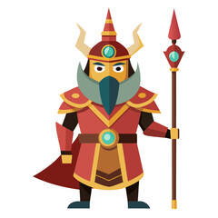 Red armored warrior holding spear with golden accents vector