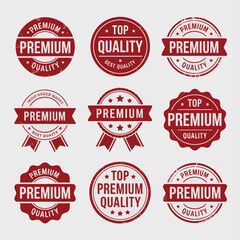 Nine Red Premium Quality Stamps and Badges Collection Vector Graphics Design Elements Top Quality Best Quality Premium Quality Circular and Ribbon Badges