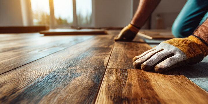handyman installing wooden laminate plank, closeup brown vinyl board installation in modern apartment home house office. concept of carpentry flooring background 