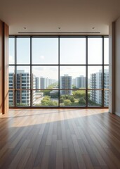 Fototapeta premium Spacious large room with wooden parquet structure and panoramic window overlooking beautiful landscape among complex of new buildings and balcony with elegant glass border mortgage and moving concept